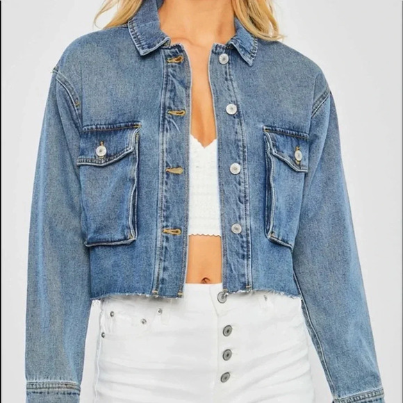 Denim Jacket Cropped Cargo Pocket Raw Hem Blue Distressed Light Blue Jean Denim - Picture 7 of 10
